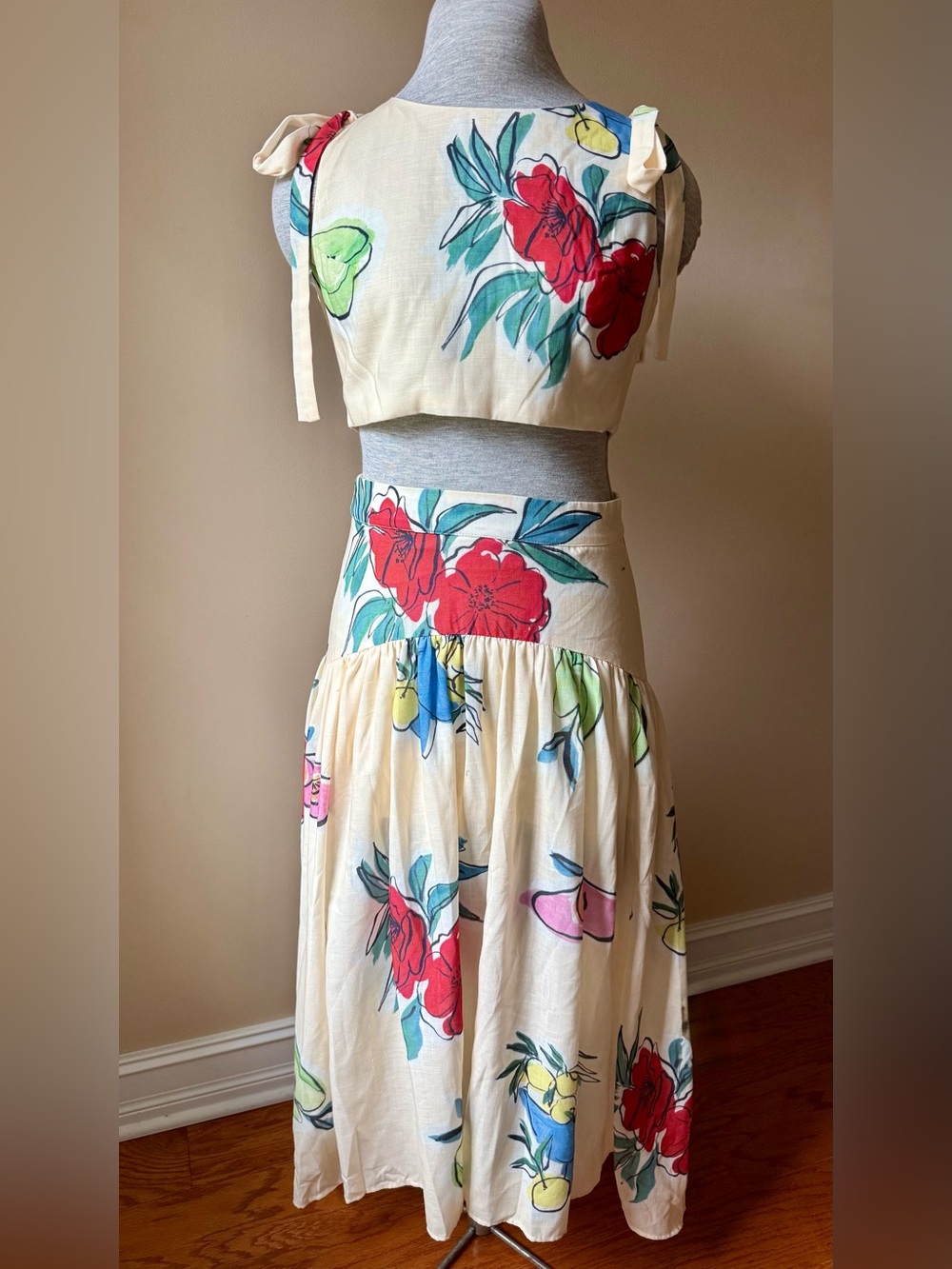 The Vintage Shop Cream Floral 2-piece Maxi Dress with Red & Green Accents